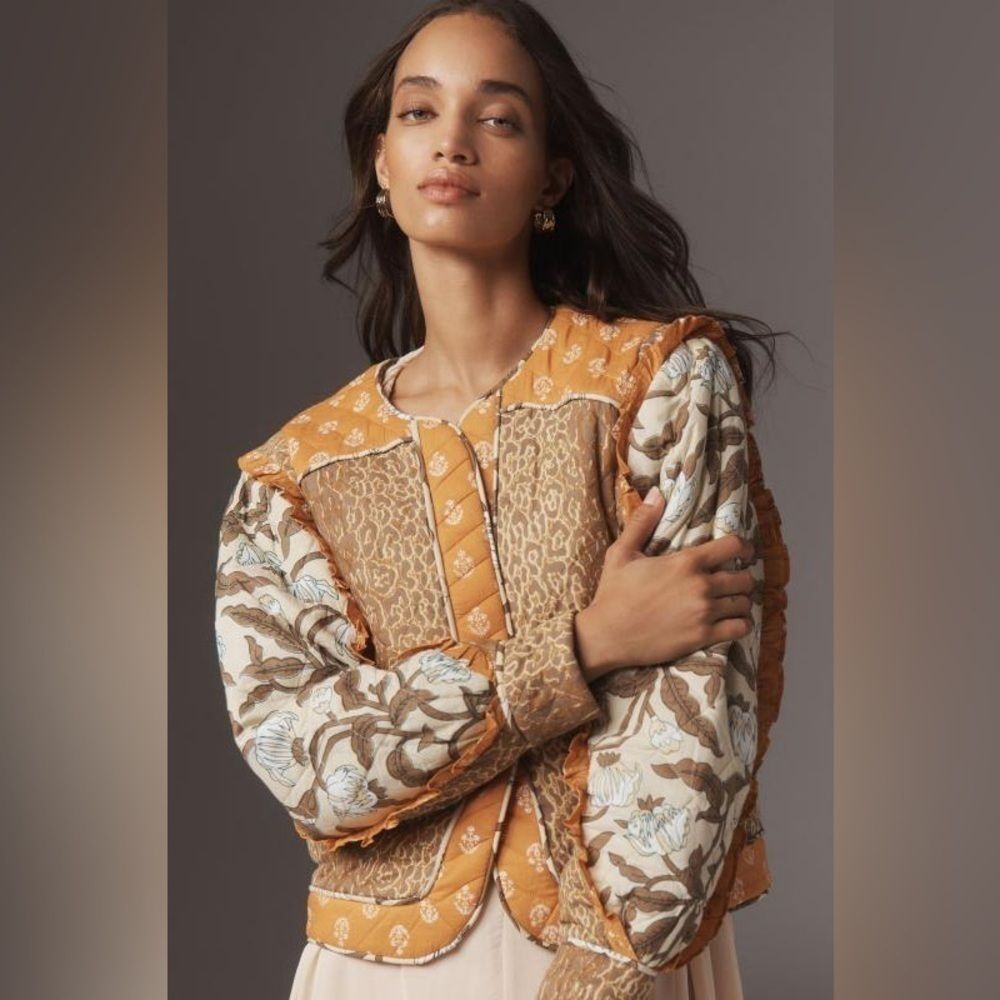 Anthropologie X Llani Quilted Brown & Orange Motif Printed Jacket Size M/L NWT